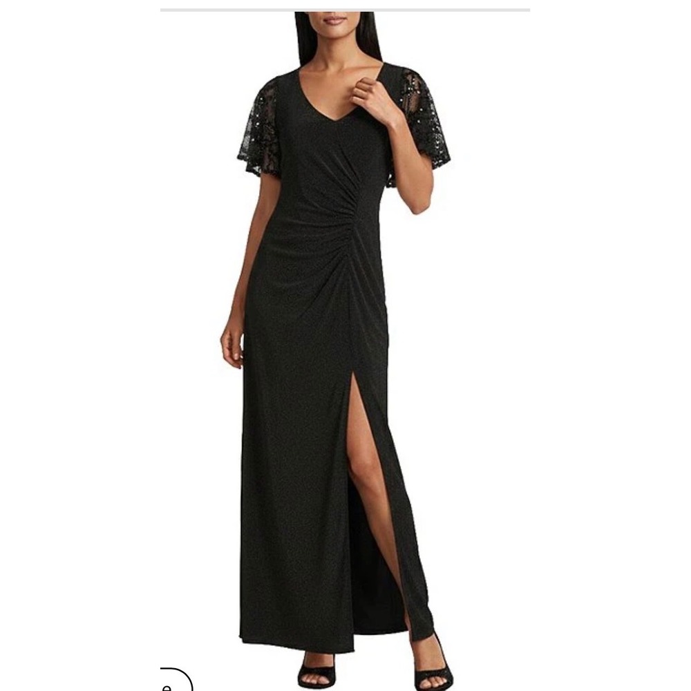 Brianna Milay Womens Black Sequin Flutter Sleeve Ruched Maxi Evening Gown 12